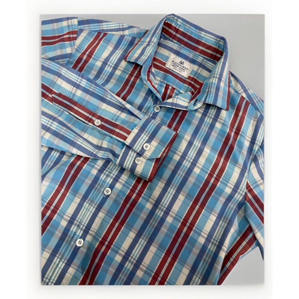 Mizzen+Main Shirt Men’s M Blue Plaid Long Sleeve Button Up Trim Fit Preppy